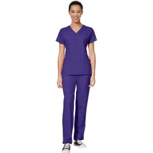 WonderWink W123 Women’s Mock Wrap Top & Flat Front Double Cargo Pant Scrub Set + Badge Reel(Grape)