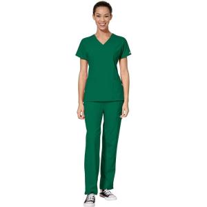 WonderWink W123 Women’s Mock Wrap Top & Flat Front Double Cargo Pant Scrub Set + Badge Reel(Hunter)