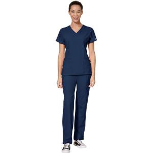 WonderWink W123 Women’s Mock Wrap Top & Flat Front Double Cargo Pant Scrub Set + Badge Reel(Navy)