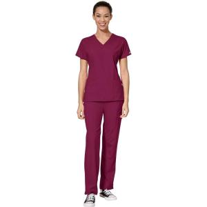 WonderWink W123 Women’s Mock Wrap Top & Flat Front Double Cargo Pant Scrub Set + Badge Reel(Wine)