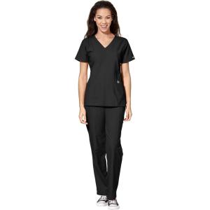 WonderWink W123 Women’s Stylized V-neck Top & Flat Front Double Cargo Pant Scrub Set + Badge Reel(Black)