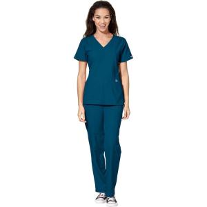 WonderWink W123 Women’s Stylized V-neck Top & Flat Front Double Cargo Pant Scrub Set + Badge Reel(Caribbean)