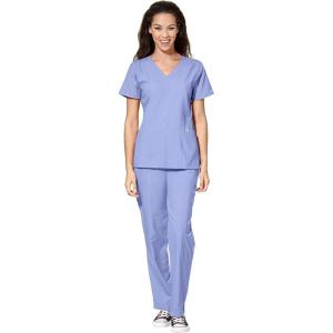 WonderWink W123 Women’s Stylized V-neck Top & Flat Front Double Cargo Pant Scrub Set + Badge Reel(Ceil Blue)