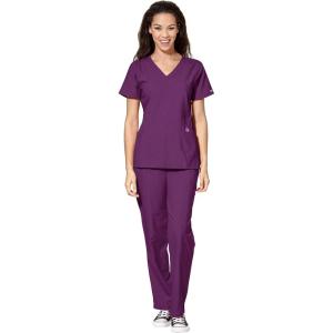 WonderWink W123 Women’s Stylized V-neck Top & Flat Front Double Cargo Pant Scrub Set + Badge Reel(Eggplant)