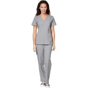 WonderWink W123 Women’s Stylized V-neck Top & Flat Front Double Cargo Pant Scrub Set + Badge Reel(Grey)