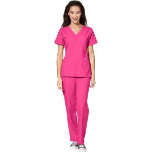 WonderWink W123 Women’s Stylized V-neck Top & Flat Front Double Cargo Pant Scrub Set + Badge Reel(Hot Pink)