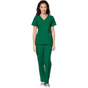 WonderWink W123 Women’s Stylized V-neck Top & Flat Front Double Cargo Pant Scrub Set + Badge Reel(Hunter)