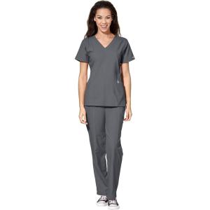 WonderWink W123 Women’s Stylized V-neck Top & Flat Front Double Cargo Pant Scrub Set + Badge Reel(Pewter)