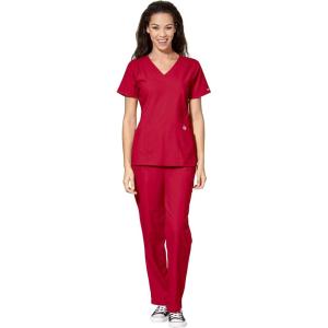 WonderWink W123 Women’s Stylized V-neck Top & Flat Front Double Cargo Pant Scrub Set + Badge Reel(Red)