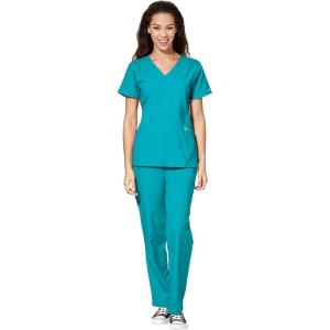 WonderWink W123 Women’s Stylized V-neck Top & Flat Front Double Cargo Pant Scrub Set + Badge Reel(Teal)