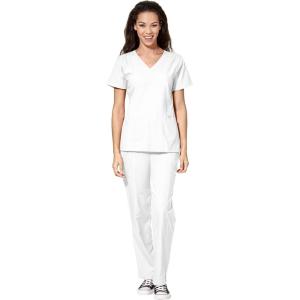 WonderWink W123 Women’s Stylized V-neck Top & Flat Front Double Cargo Pant Scrub Set + Badge Reel(White)