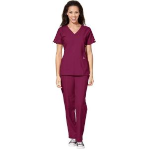 WonderWink W123 Women’s Stylized V-neck Top & Flat Front Double Cargo Pant Scrub Set + Badge Reel(Wine)