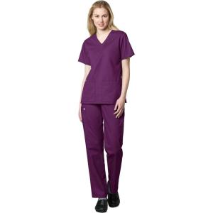 WonderWink WORK Women’s Scrubs V-Neck Chest Pocket Top & Pull On Cargo Pant Set + Badge Reel(Eggplant)