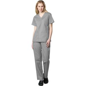 WonderWink WORK Women’s Scrubs V-Neck Chest Pocket Top & Pull On Cargo Pant Set + Badge Reel(Grey)