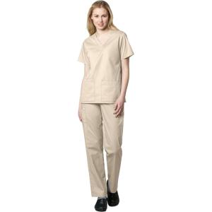 WonderWink WORK Women’s Scrubs V-Neck Chest Pocket Top & Pull On Cargo Pant Set + Badge Reel(Khaki)