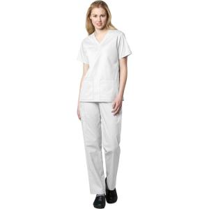 WonderWink WORK Women’s Scrubs V-Neck Chest Pocket Top & Pull On Cargo Pant Set + Badge Reel(White)