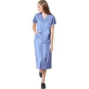 WonderWink Work Women’s Wrap Top & Scrub Skirt Set + Badge Reel(Ceil Blue)