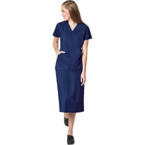 WonderWink Work Women’s Wrap Top & Scrub Skirt Set + Badge Reel(Navy)