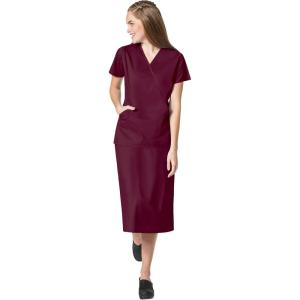 WonderWink Work Women’s Wrap Top & Scrub Skirt Set + Badge Reel(Wine)