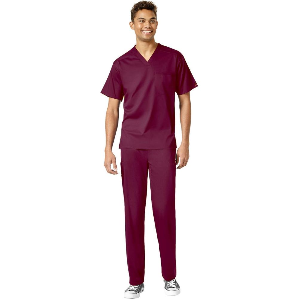 imageWonderWink PRO Mens VNeck Top amp Straight Leg Cargo Pant Scrub Set Badge ReelWine
