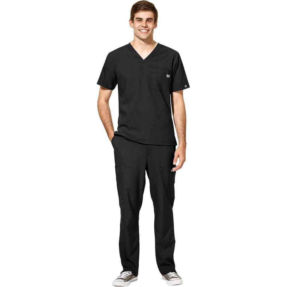 imageWonderWink W123 Mens VNeck Top amp Flat Front Cargo Pocket Pant Scrub Set Badge ReelBlack