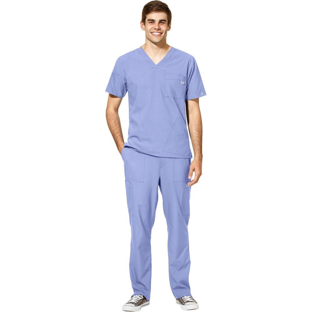 imageWonderWink W123 Mens VNeck Top amp Flat Front Cargo Pocket Pant Scrub Set Badge ReelCeil Blue
