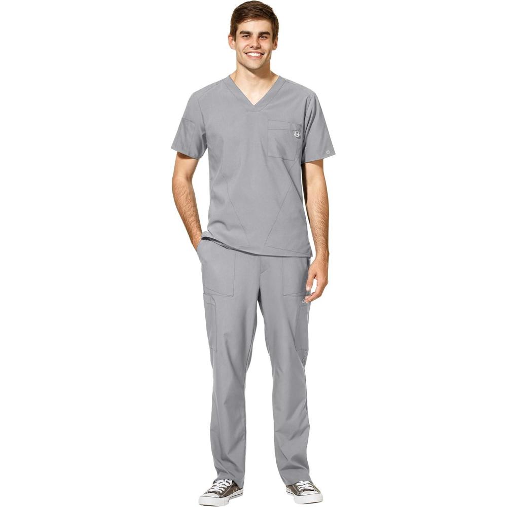 imageWonderWink W123 Mens VNeck Top amp Flat Front Cargo Pocket Pant Scrub Set Badge ReelGrey