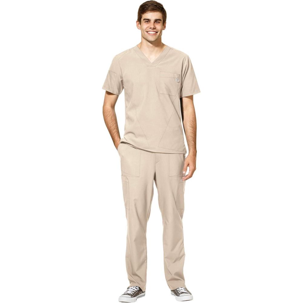 imageWonderWink W123 Mens VNeck Top amp Flat Front Cargo Pocket Pant Scrub Set Badge ReelKhaki
