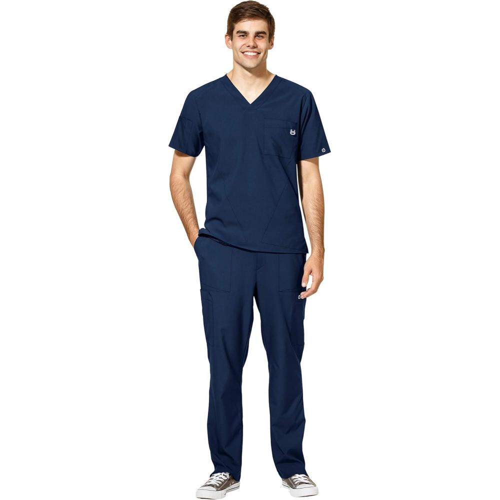 imageWonderWink W123 Mens VNeck Top amp Flat Front Cargo Pocket Pant Scrub Set Badge ReelNavy