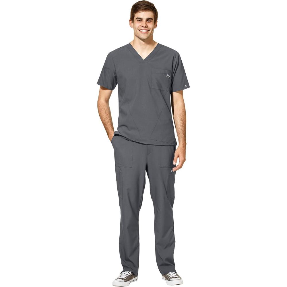 imageWonderWink W123 Mens VNeck Top amp Flat Front Cargo Pocket Pant Scrub Set Badge ReelPewter