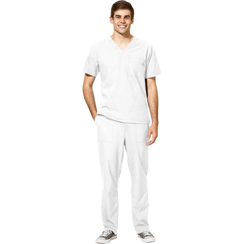 imageWonderWink W123 Mens VNeck Top amp Flat Front Cargo Pocket Pant Scrub Set Badge ReelWhite