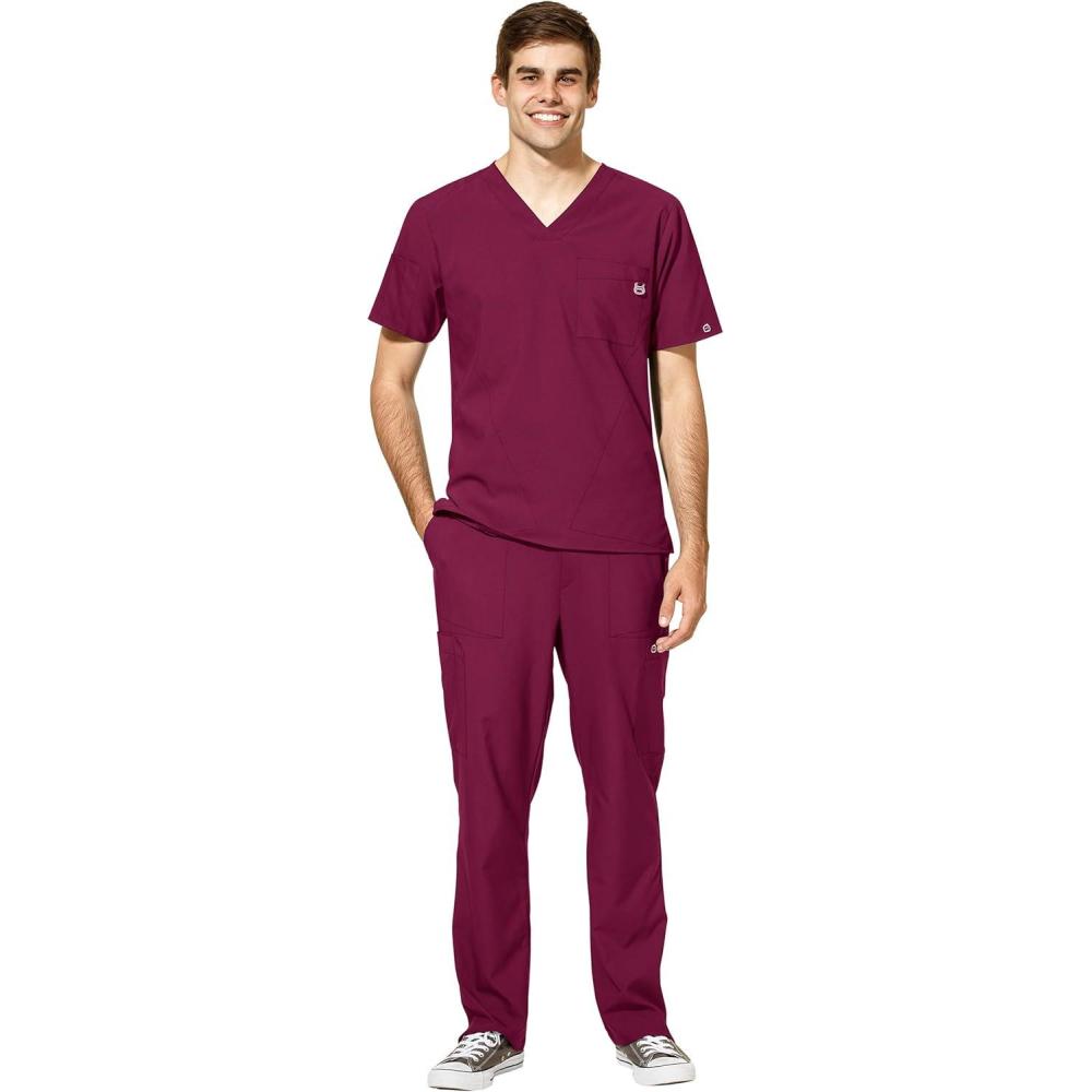 imageWonderWink W123 Mens VNeck Top amp Flat Front Cargo Pocket Pant Scrub Set  Badge ReelWine