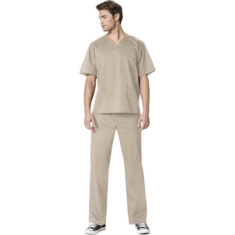 imageWonderWork Mens Vneck MultiPocket Top amp Mens Cargo Pant Scrub Set Badge ReelKhaki
