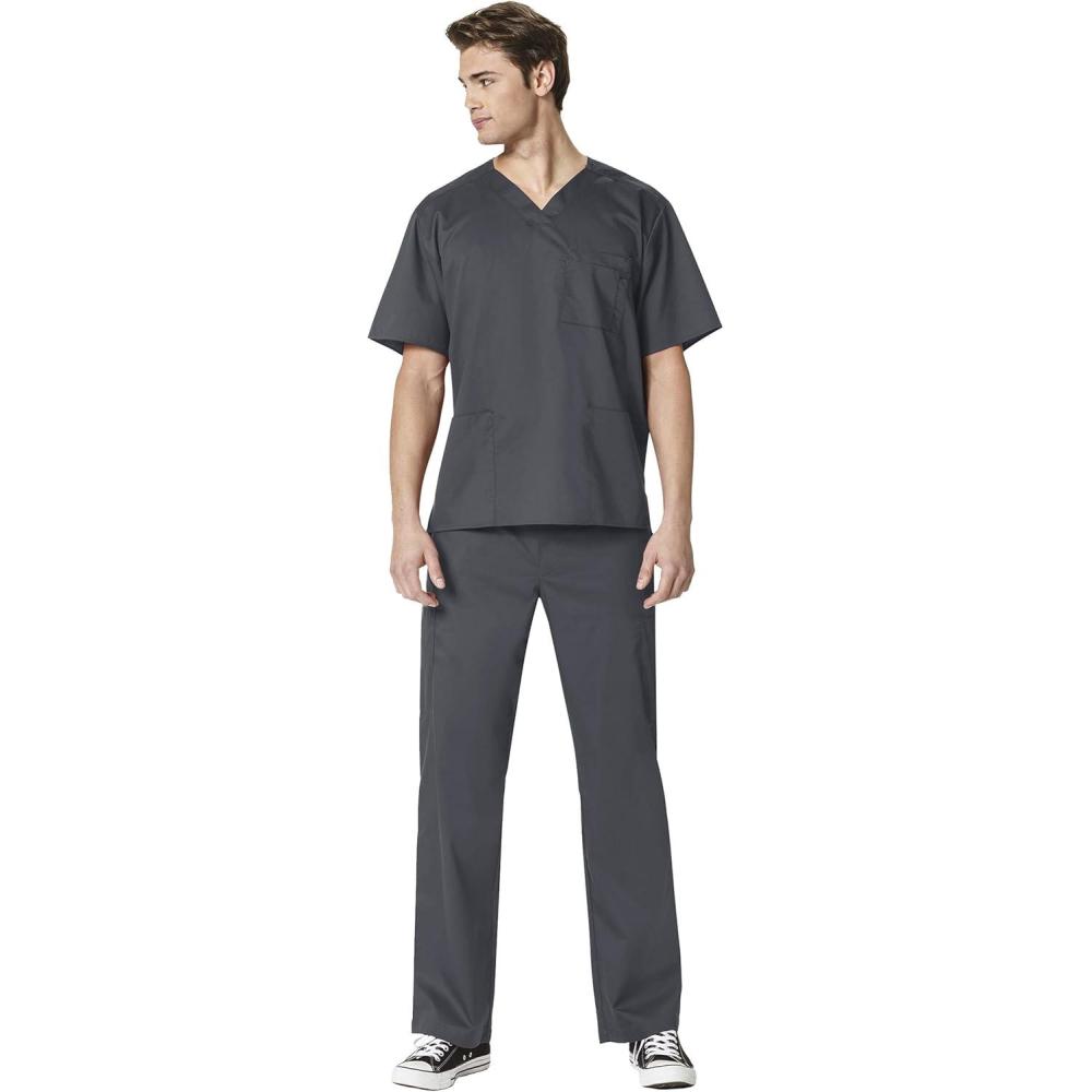 imageWonderWork Mens Vneck MultiPocket Top amp Mens Cargo Pant Scrub Set Badge ReelPewter