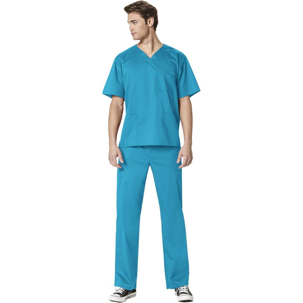 imageWonderWork Mens Vneck MultiPocket Top amp Mens Cargo Pant Scrub Set Badge ReelReal Teal