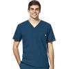 WonderWink W123 Men’s V-Neck Top & Flat Front Cargo Pocket Pant Scrub Set + Badge Reel(Caribbean)