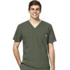 WonderWink W123 Men’s V-Neck Top & Flat Front Cargo Pocket Pant Scrub Set + Badge Reel(Olive)