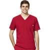 WonderWink W123 Men’s V-Neck Top & Flat Front Cargo Pocket Pant Scrub Set + Badge Reel(Red)
