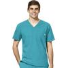 WonderWink W123 Men’s V-Neck Top & Flat Front Cargo Pocket Pant Scrub Set + Badge Reel(Teal Blue)