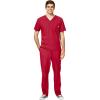 WonderWink W123 Men’s V-Neck Top & Flat Front Cargo Pocket Pant Scrub Set + Badge Reel(Red)