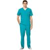 WonderWink W123 Men’s V-Neck Top & Flat Front Cargo Pocket Pant Scrub Set + Badge Reel(Teal Blue)