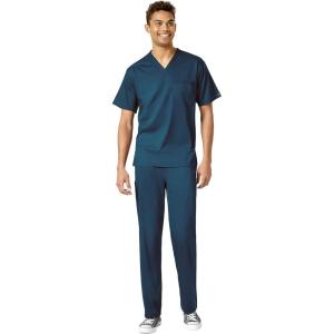 WonderWink PRO Men’s V-Neck Top & Straight Leg Cargo Pant Scrub Set + Badge Reel(Caribbean Blue)