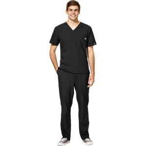 WonderWink W123 Men’s V-Neck Top & Flat Front Cargo Pocket Pant Scrub Set + Badge Reel(Black)