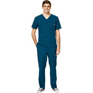 WonderWink W123 Men’s V-Neck Top & Flat Front Cargo Pocket Pant Scrub Set + Badge Reel(Caribbean)