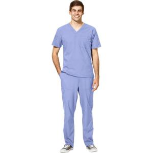 WonderWink W123 Men’s V-Neck Top & Flat Front Cargo Pocket Pant Scrub Set + Badge Reel(Ceil Blue)