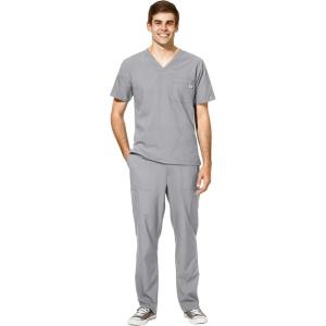 WonderWink W123 Men’s V-Neck Top & Flat Front Cargo Pocket Pant Scrub Set + Badge Reel(Grey)