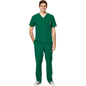 WonderWink W123 Men’s V-Neck Top & Flat Front Cargo Pocket Pant Scrub Set + Badge Reel(Hunter)