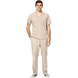 WonderWink W123 Men’s V-Neck Top & Flat Front Cargo Pocket Pant Scrub Set + Badge Reel(Khaki)