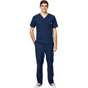 WonderWink W123 Men’s V-Neck Top & Flat Front Cargo Pocket Pant Scrub Set + Badge Reel(Navy)