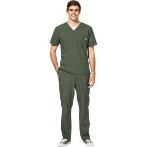 WonderWink W123 Men’s V-Neck Top & Flat Front Cargo Pocket Pant Scrub Set + Badge Reel(Olive)